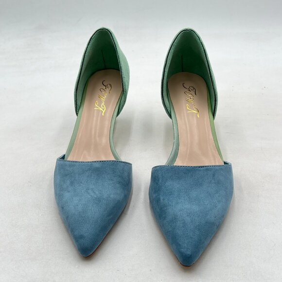 FOWT Blue Green Pointed Toe Kitten Heel Pumps Slip On Two Toned D'Orsay Sandals - Picture 3 of 8